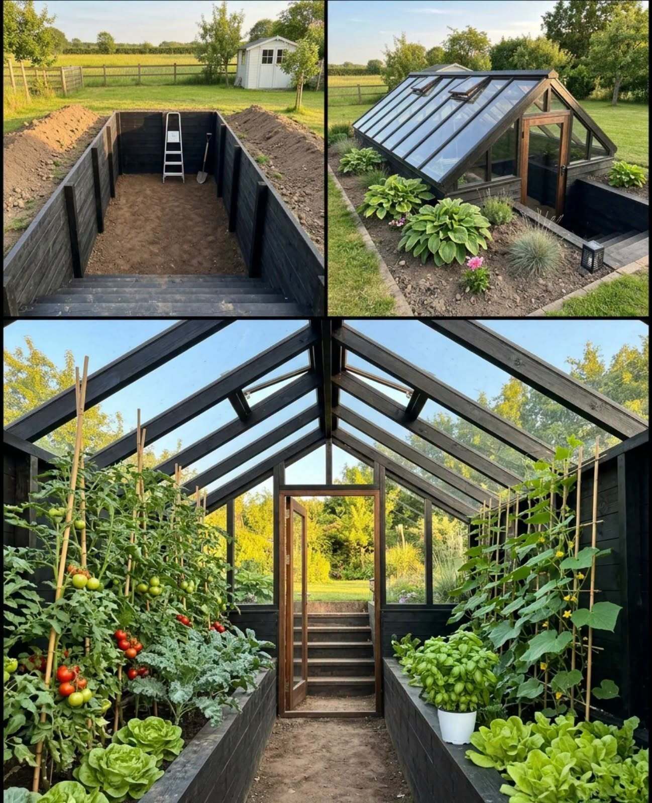 serre vitrée enterrée avec parois en bois noir, vue de la fosse, de l'extérieur et de l'intérieur avec tomates, choux et salades